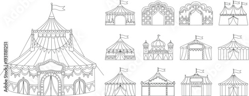 Circus Tent and Festival Pavilion Line Art Icon Set with Decorative Carnival Structures for Event Design, Entertainment Branding, and Fair Illustration