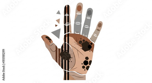 Illustration of a human hand with abstract patterns and designs on fingers and palm