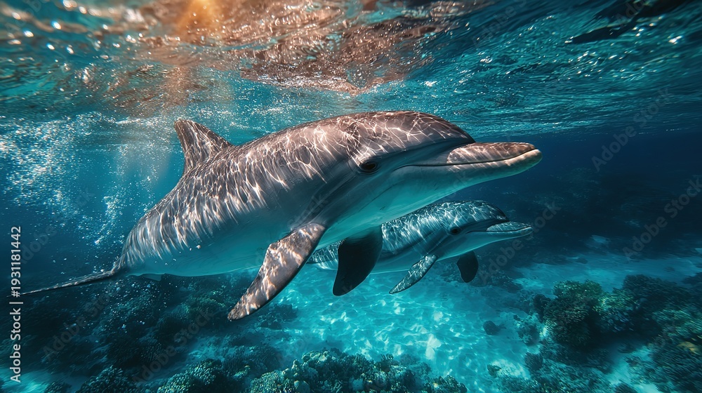 Fototapeta premium Animal summer holiday vacation travel photography banner background showing wild dolphin swimming gracefully in deep blue ocean sea water with sunlight filtering through surface. 