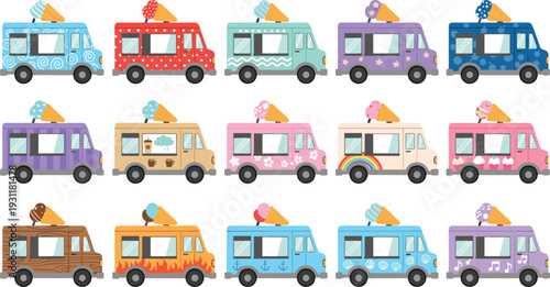 Colorful Ice Cream Truck Icon Set Collection with Cartoon Food Vans in Various Designs for Summer Festival, Street Market, and Kids Branding