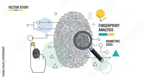 Fingerprint analysis concept with magnifying glass and biometric data visualization on white background