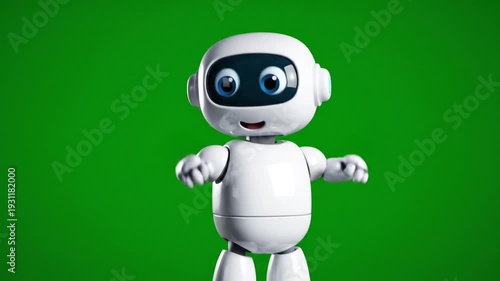 A cartoonish white robot stands against a vibrant green backdrop, its large blue eyes expressing a friendly appeal