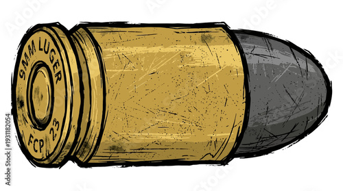 9mm Luger bullet cartridge, metallic, industrial design