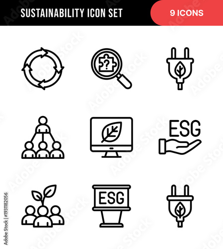 Outline Handdrawn Sustainability Icon Set with ESG and Renewable Energy Concept