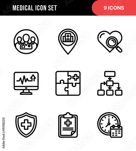 Simple Outline Medical Healthcare Icon Set with Bold Line Style