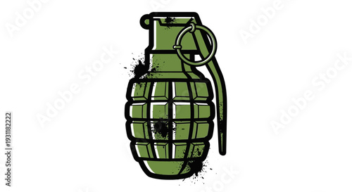 Green hand grenade with splatters on white background