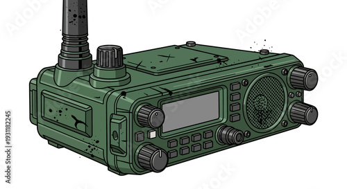 Green Military Radio Transceiver with Antenna and Knobs