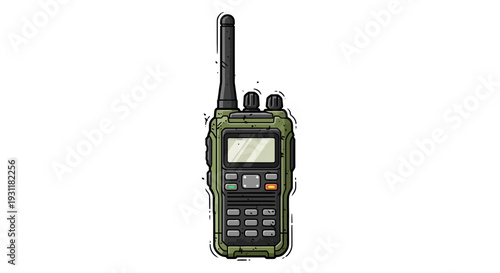 Green military walkie talkie radio, hand-held communication device, isolated on white background