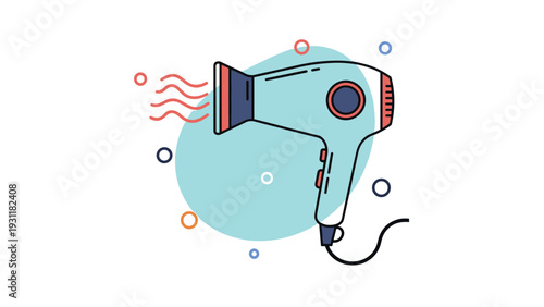 Modern turquoise hair dryer illustration with warm air lines and abstract shapes on a white background for beauty and hair care.