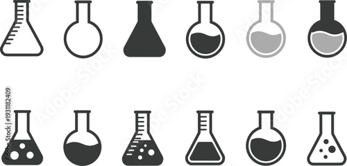 Assorted Black And Grey Icons Of Laboratory Glassware With Liquid And Bubbles beakers flasks