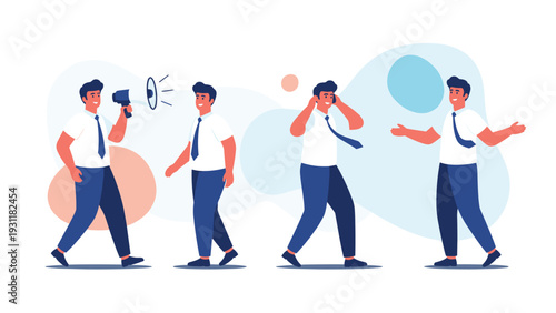 Set of a professional man in a white shirt and tie shown in different communication poses like talking on a megaphone and phone.