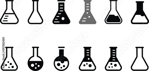 Assorted Black And Grey Icons Of Laboratory Glassware With Liquid And Bubbles beakers flasks