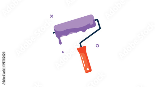 Paint roller illustration with dripping purple paint and abstract shapes on a white background for home renovation and decoration.