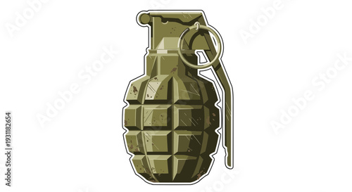 Olive green fragmentation hand grenade with safety pin on white background
