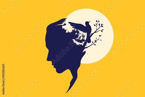 Hummingbird on Flowering Branch in Head Silhouette: Child Mind Growth, Freedom Flight