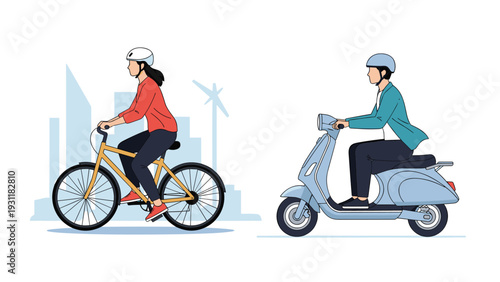 Commuters using sustainable transportation with a woman on a yellow bicycle and a man on a blue motor scooter in the city.