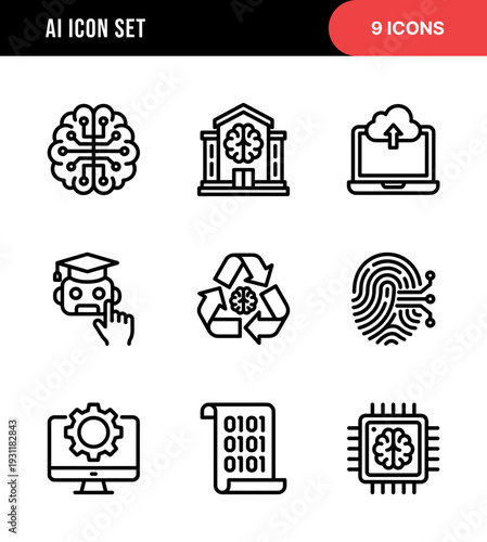 Outline Stroke Artificial Intelligence and Machine Learning Technology Line Icon Set
