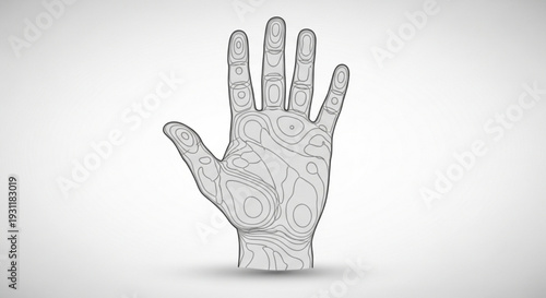 Palmistry hand with intricate lines and patterns on a white background symbolizing fortune telling and astrology