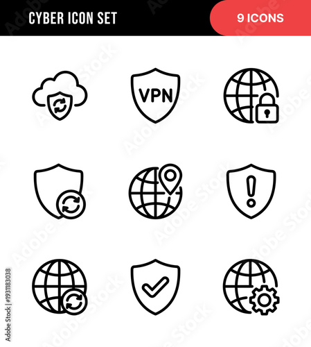 Simple Outline Cyber Security Icons Set with Cloud, Shield and Globe