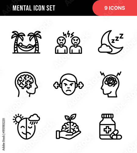 Simple Outline Mental Health Awareness and Wellbeing Icon Set Collection