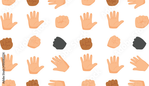 Diverse Hand Gestures Illustration Set with Open Palms and Clenched Fists in Various Skin Tones for Communication and Vector Design Projects