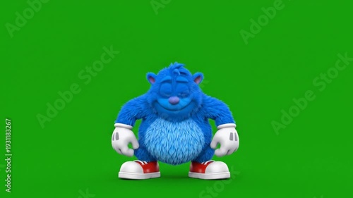 A cartoon-like, furry blue creature with white gloves and red-and-white shoes is smiling and has both arms raised against a green screen