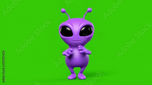 A cartoon-like purple alien character is smiling, pointing up, and standing on a green background. It has large black eyes and antennae