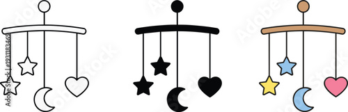Baby crib hanging mobile with stars, moon, and heart shapes in multiple styles, decorative nursery toy for infant room décor, soothing sleep aid, and child development accessory.