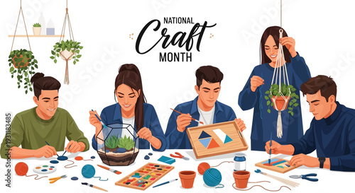 A diverse group of adults and kids engaging in DIY handmade crafts and art projects on National Craft Day with various materials.