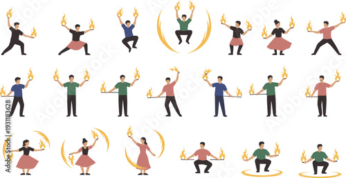 Fire Dancer Character Illustration Set with Men and Women Performing Flame Tricks and Dynamic Movements for Festival and Show Vector Designs