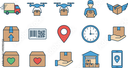Delivery and logistics icon set featuring courier truck, drone shipping, package tracking, warehouse storage and location services, representing modern shipping, e commerce distribution and fast