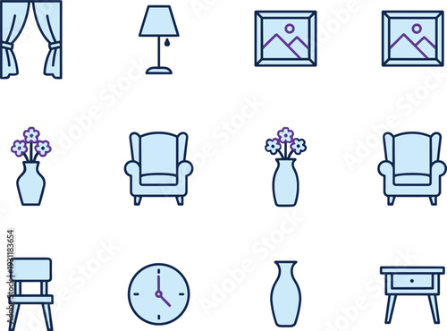 Home interior décor icon set featuring furniture, wall art, curtains, lamp, clock, and decorative vases, perfect for design projects, room planning, and modern household styling concepts.