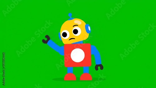 A cartoon-like robot, with a yellow head, red torso with a white circle, blue limbs, and black hands/feet, stands on a green backdrop