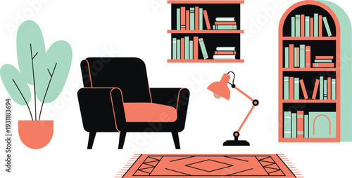 Modern living room interior illustration featuring armchair, bookshelf, floor lamp, plant, and rug, showcasing cozy reading corner design, stylish home décor, and contemporary comfort lifestyle