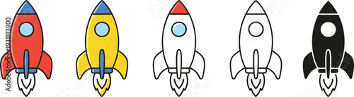 Rocket ship icons in multiple color and outline styles, representing startup growth, innovation, success, space exploration, and futuristic technology concepts for branding, apps, and creative digital