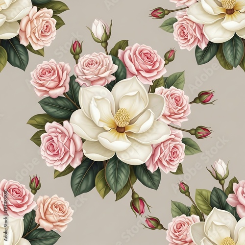 Seamless pattern of pink roses and white flowers with green leaves on a beige background, featuring a mix of blooms and buds.