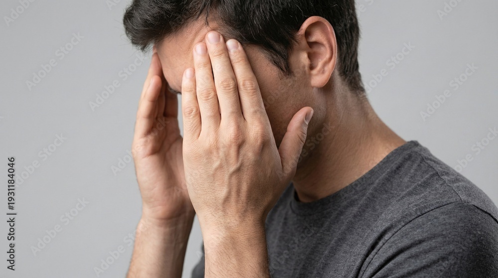 Fototapeta premium Young man experiencing severe headache or profound stress, clutching his head in pain. Modern health awareness concept for mental and physical well-being