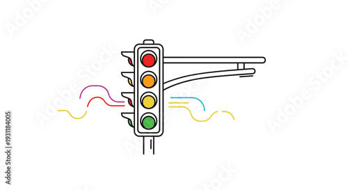 Vertical traffic light with red orange and green signals lit up alongside abstract motion lines for road safety and urban transport.