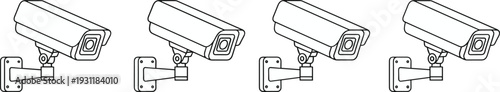 Surveillance security cameras in line style set, wall mounted monitoring devices representing CCTV protection, safety surveillance systems, property security, and video monitoring technology concepts.