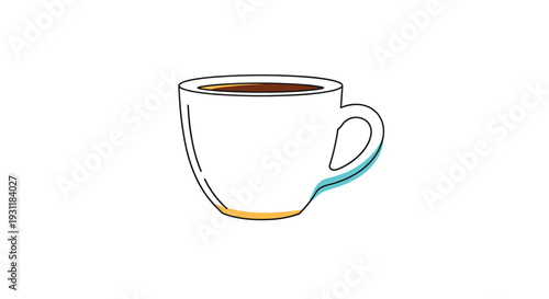 Modern coffee cup icon with subtle orange and blue shadow accents filled with dark hot liquid for cafe and morning concepts.