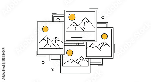 Collage of several polaroid style instant photographs showing mountain landscapes and suns arranged in a creative layered composition.
