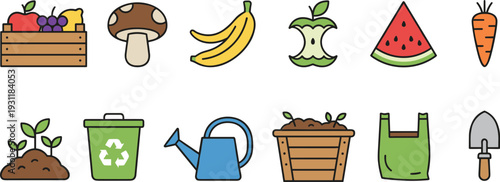 Garden Harvest and Compost Illustration Set with Fruits, Vegetables, Soil, Watering Can, Recycling Bin, and Eco Gardening Elements for Vector Design