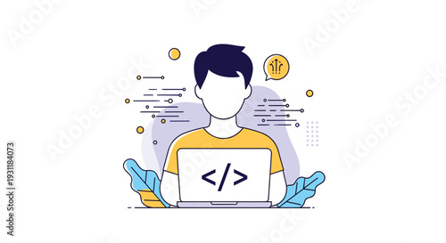 Digital programmer working on a laptop with coding symbols and abstract data elements representing software development and IT services.