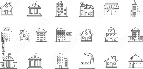 Real estate icon set featuring house, apartment building, skyscraper, office, government bank, factory, shop, mansion, and residential property outline symbols.