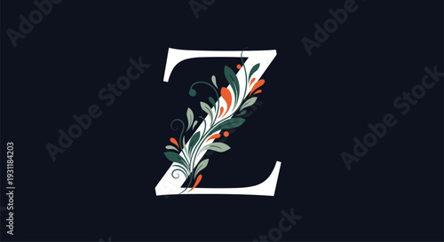 Decorative white letter Z featuring elegant floral scrollwork and orange botanical details set against a solid dark navy background.
