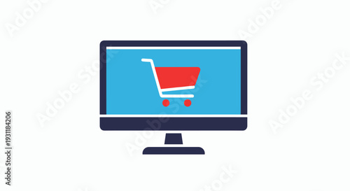 Desktop computer monitor displaying a bright red shopping cart on its blue screen representing e-commerce and online shopping services.