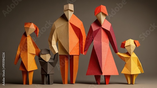 Folded paper art origami showing father mother with children crafted from white sheet forming happy family group in 3D illustration style.