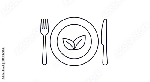 Top view of a white dinner plate with two green leaves inside accompanied by a silver fork and knife for vegan dining concepts.