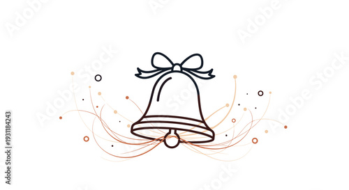 Charming silver bell topped with a dainty ribbon bow and surrounded by thin flowing lines and delicate circular decorative elements.