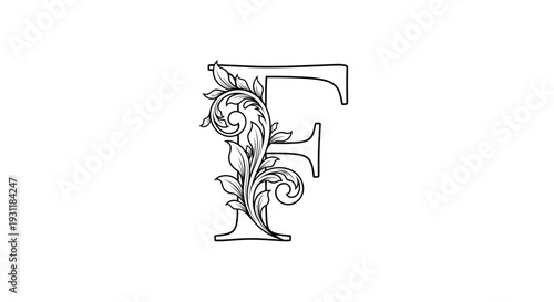 Ornate capital letter F with intricate floral line-art flourishes and leafy scrollwork designs in a classic vintage style on white.
